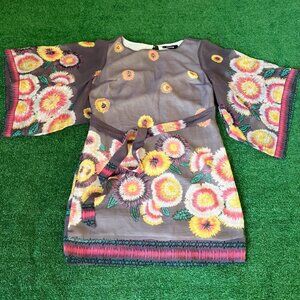 Exotik Sheer Floral Chiffon Dress Kimono Sleeve Belted Boho Peasant Style Size S